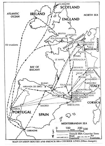 Map of the main wartime escape routes through France